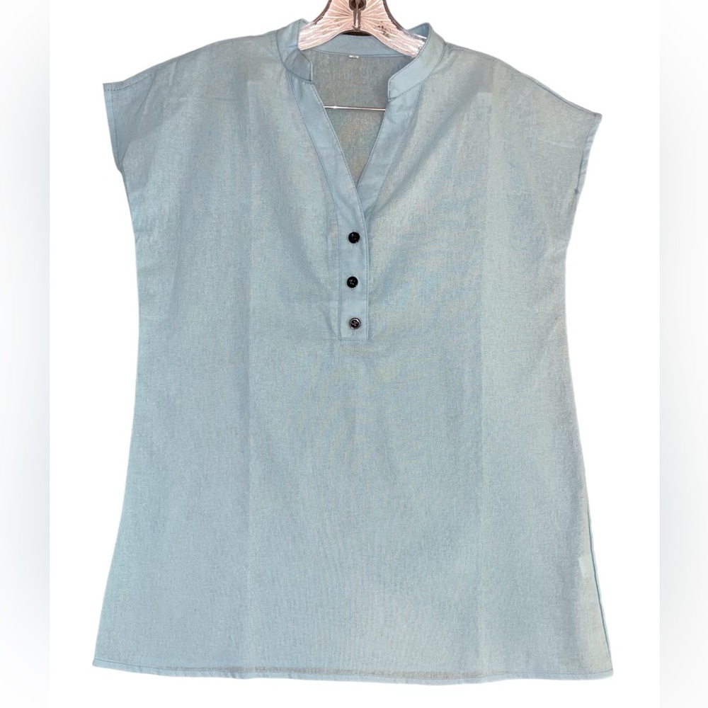 Pale Blue Linen Mid Button Down sleeveless V-Neck Casual Blouse